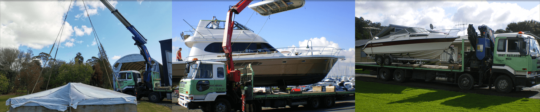 collage of services boat haulage offers, including boat haulage transporting a boat, tiny home, and a shrink wrapped boat onto an aircraft.