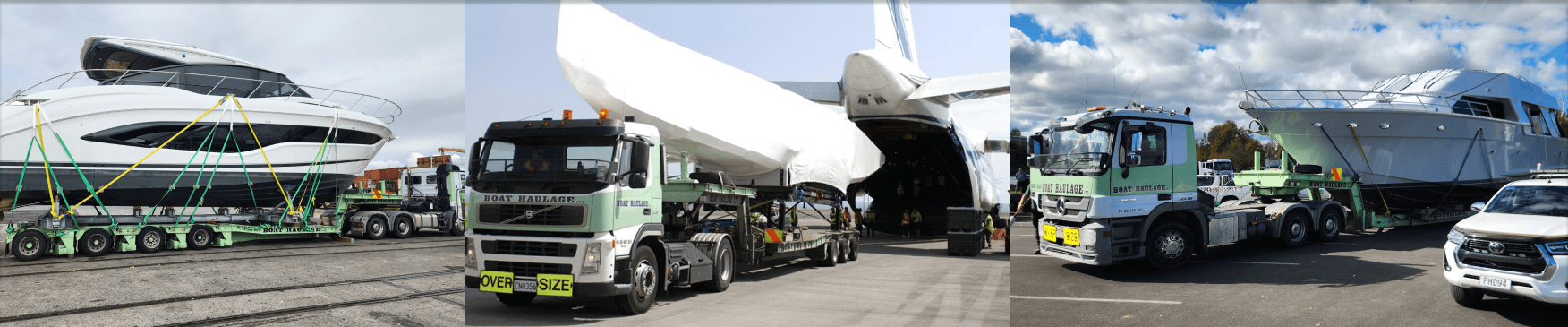 collage of services boat haulage offers, including boat haulage transporting a boat, tiny home, and a shrink wrapped boat onto an aircraft.